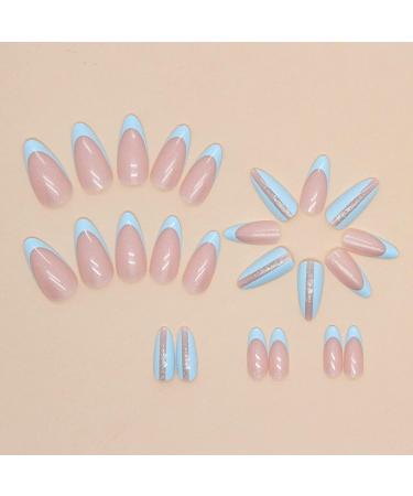 Almond Short Press-on Nails | 24Pcs Blue French Glitter Tips | Elegant Artificial Oval Shape | Glossy Stick-on False Nails for Women - Buy Online on GoSupps.com