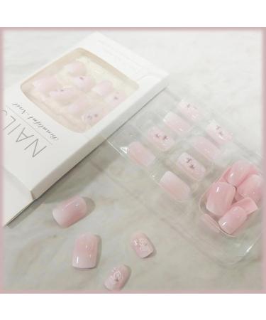 Shop Pink Gradient Press on Nails - Flower Design Ombre Short Square False Nails | 24Pcs Glossy Gel Art for Coquette Women - Buy Online on GoSupps.com