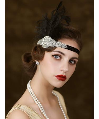 SWEETV 1920s Flapper Headband - Rhinestone Feather Great Gatsby Hair Accessories (Black) - Buy Online on GoSupps.com