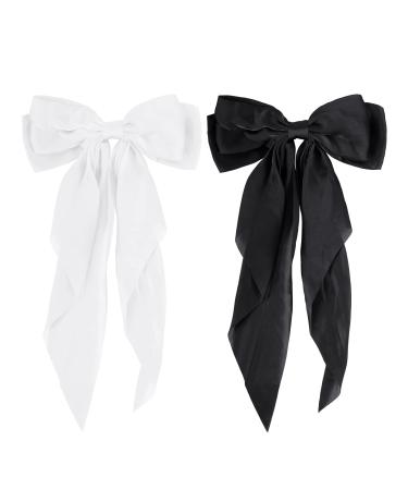 Bow Hair Clips for Women Girls  Soft Long Tail Large Bow Hair Slides  Metal Spring Clip Vintage Silk Headbands  Elegant Hair Accessories  Gifts for Women (Black and White)