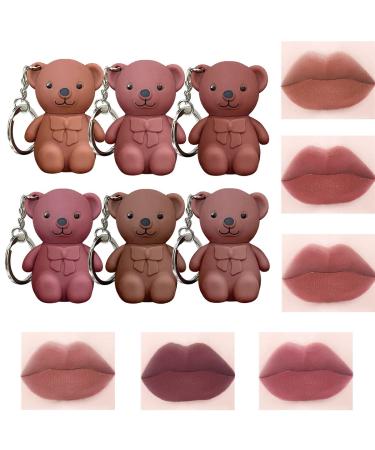 VARCHIT 6PCS Keychain Bear Lipsticks  2 in 1 Bear Key Chain Lipstick Matte Lip Mud Set Moisturizing Lip Stain Long Lasting Waterproof Velvet Lip Gloss with Keychain Cute Bear Beauty Makeup (6 Colors)