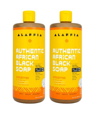 Alaffia Skin Care, Authentic African Black Soap, All in One Body Wash, Face Wash, Shampoo & Shaving Soap with Fair Trade Shea Butter, Unscented, 2 Pk - 32 Fl Oz Ea Unscented 32 Fl Oz (Pack of 2)