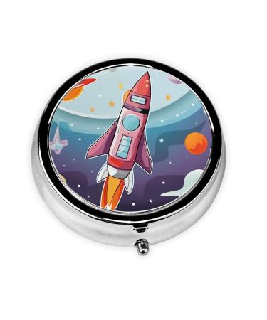 Cartoon Rocket and Universe Portable Metal Pill Box Round Mini 3-Compartment Plastic Insert hinged Fastening Design Suitable for Small Pills Must-Have for Travel Black