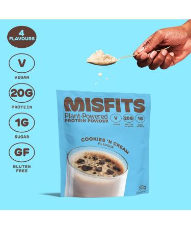Misfits Cookies & Cream Vegan Protein Powder - 20g Plant Based Protein Shake - Low Calorie, No Added Sugar - Non Dairy, Non GMO - Plastic Free Packaging - 500g - Buy Online on GoSupps.com