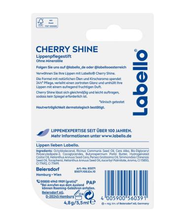 Labello Cherry Shine Lip Care Stick - 4.8g | Red Shimmer & Cherry Aroma | Mineral Oil-Free | International Shipping - Buy Online on GoSupps.com