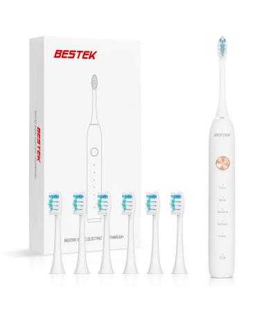 BESTEK Sonic Electric Toothbrush Electric Toothbrush with Waterproof Powerful Cleaning Rechargeable Toothbrush with Multiple Modes 6 Replacement Brush Head Pure White