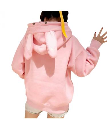 PEIMENG Cute Bunny Hoodies with Ears for Women Teen Girls Pullover Crewneck Rabbit Long Sleeve Hooded Sweatshirt Kawaii G30-pink Small