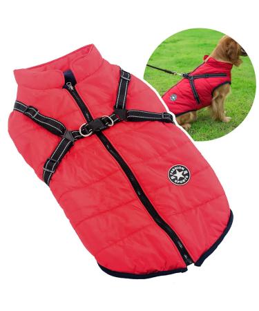 2 in 1 Dog Jacket with Harness for Large Dogs Outdoor Dog Sports Vest Warm Pet Winter Coat for Big Dogs 5XL Red