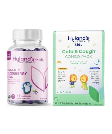 Hyland's Naturals Kids Organic Elderberry Plus Gummies + 4Kids Cold & Cough Daytime (4 fl. oz.) & Nighttime (4 fl. oz.) Value Pack Cough Syrup - 48 Vegan Kids Gummies + 8oz. Cold & Cough Syrup