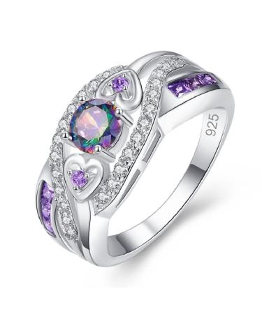 925 Sterling Silver Ladies Heart Amethyst Ring Vintage White Gold Plated Full Diamond AAA Colored Cubic Zirconia Ring CZ Diamond Ring Eternity Engagement Wedding Women's Cocktail Ring 6-10 601 (6)