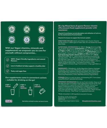 Vitamin D2 Blue Planet Effervescent 100% Vegan Made in UK. (140 g Berry & Guava) Berry & Guava 5 g (Pack of 1) - Buy Online on GoSupps.com