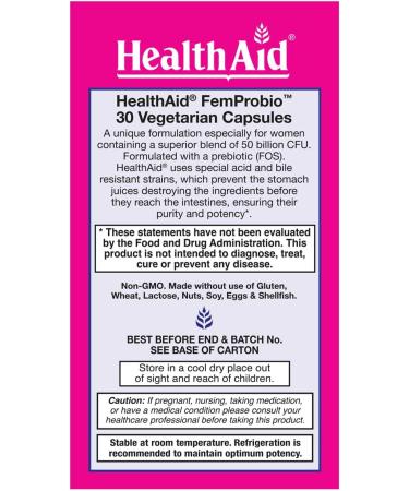 HealthAid FemProbio Once-Daily Probiotic with Prebiotic Fiber | 50 Billion CFU | 30 Vegetarian Capsules | Acid & Bile Resistant Lactose Gluten & GMO-Free - Buy Online on GoSupps.com