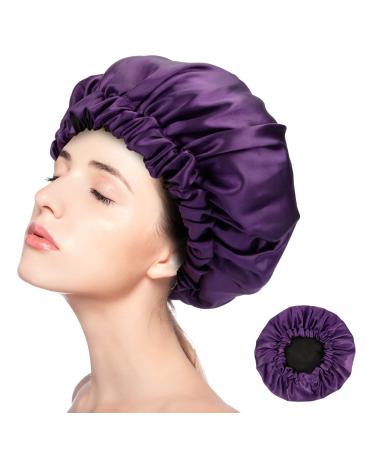 GYIXING Large Satin Lined Hair Cover Sleep Cap for Women  Adjustable Drawstring Double-Sided Sleep Cap for Natural Curly Hair Protection(Purple)