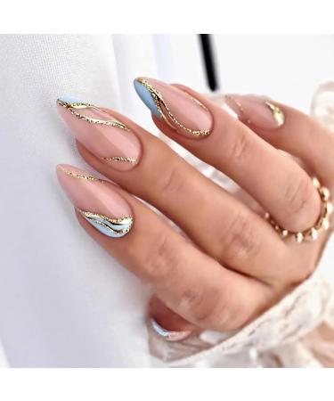 24Pcs Blue Press on Nails Almond Shape Fake Nails Medium Length Acrylic Nails Blue Wave False Nails with Glitter Design Reusable Full Cover Glossy Artificial Nails Glue on Nails for Women and Girls Blue Gold