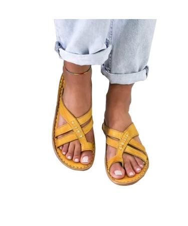 Orthopedic Corrector Flat Flip Flops Ladies Summer Lightweight Toe Corrector Beach Sandals Vintage Ring Toe Bunion Slippers for Plantar Fasciitis/Foot Correction ( Color : Yellow  Size : 8.5 ) 8.5 Yellow
