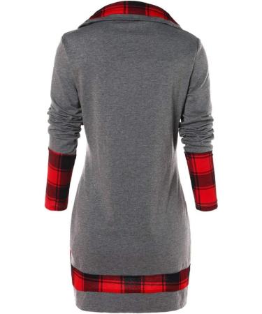 Bigfanshu Women's Plaid Patchwork Sweatshirt Sleeve Irregular Hem Button Tartan Tunic Autumn Winter Pullover Tops Gray - Buy Online on GoSupps.com