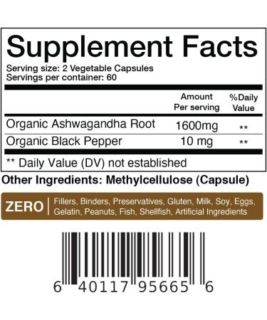 Certified Organic Ashwagandha 1600mg with Black Pepper - 120 Vegan Capsules for Stress, Mood, Energy, and Thyroid Support - Non-GMO & Gluten-Free by Balance Breens - Buy Online on GoSupps.com