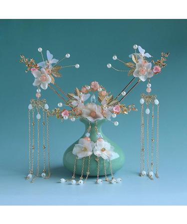 Zhaocaimao Chinese Hair Sticks Hanfu Long Tassel Hair Stick Set Flower Crystal Pearl Hair Pins/Hair Comb/Earrings Classical Style Handmade Hair Accessories