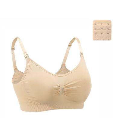 Dreamburn Maternity Nursing Bra Wireless Seamless Comfortable Breastfeeding Bras 4 Rows Adjust Hook with Removable Spill Prevention Pads Add Extenders L 1*beige Style1