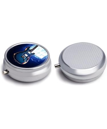 Round Blue Guitar Print Pill Box | 3 Compartment Decorative Metal Medicine Organizer - Portable Pocket Pill Case - Buy Online on GoSupps.com
