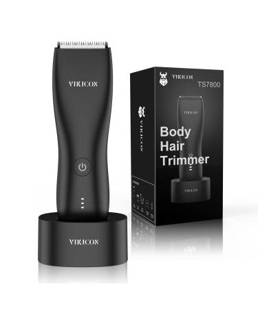 VIKICON Electric Groin Hair Trimmer: Ball Shaver & Body Groomer for Men Waterproof Wet / Dry Body Hair Clippers, Male Hygiene Razor with Standing Recharge Dock, Replaceable Ceramic Blade Heads (Black)