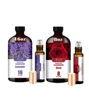 Lavender & Rose Essential Oils Set 16oz & 8oz Pure Natural Scent for Diffusers Aromatherapy Luxury Skincare Romantic Gift Set for Home Bath Massage & Self Care