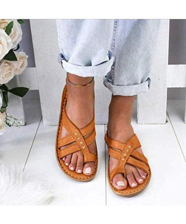 Creev women PU leather shoes comfortable flat sole women casual soft large toe foot correction sandals orthopedic baler correction gray 41 (white 39 EU) Bruin 37 EU