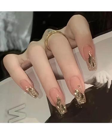 Bling Coffin Press On Nails - Full Cover Medium Fake Nails for Women & Girls | 24PCS Gold Gradient Tips - Buy Online on GoSupps.com