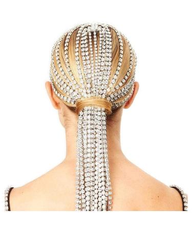 STONEFANS Hair Chain Jewelry for Women Silver Rhinestones Crystal Headpiece Bridal Long Tassel Wedding Rhinestone Head Chain Flapper Headwear Accessories (Gold)