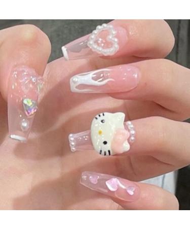 Black Flame Love Heart Bow with Diamond Shining Pearl Cute Cat 24pc False Nails Wearable Fake Nails Set Press On Nail with Glue LTMJ-23