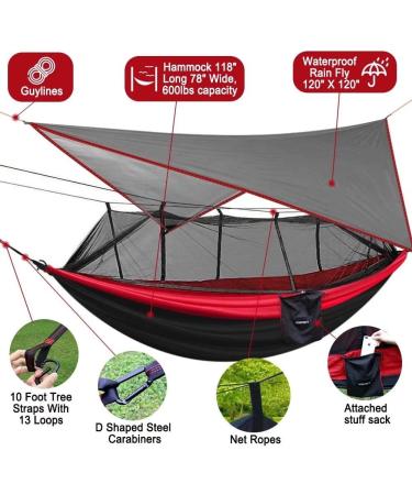 Kinfayv Camping Hammock with Net and Rain Fly - Portable Double Hammock for Travel, Backpacking & Outdoor Activities (Red) - Buy Online on GoSupps.com