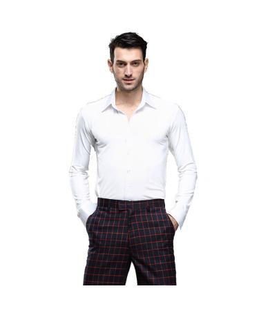 Men Professional Solid Color Long Sleeves Lapel Collar Slim Modern Dance Latin Ballroom Square Dance Shirts Dance Tops Large White