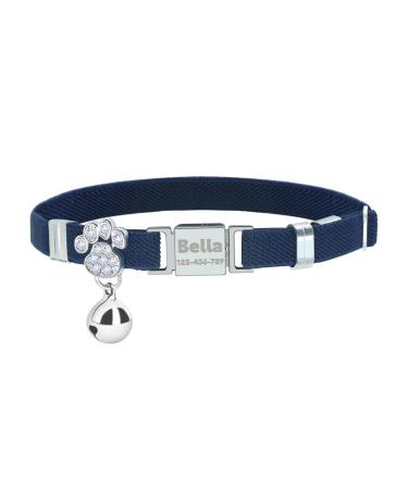 Personalized Elastic Cat Collar with Name and Phone Number Engraved Cat Collar with Bell -Navy Blue
