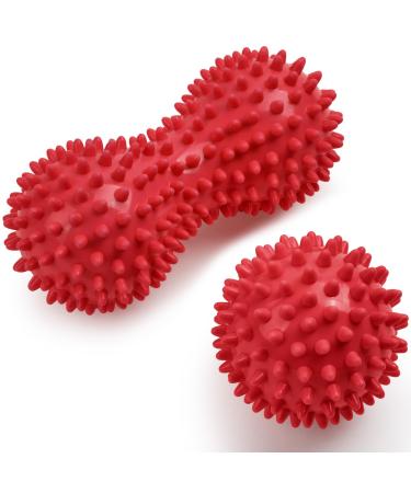 Uraqt fascia ball 2 set small hedgehog ball hard fascia of massage ball with knobs massage balls for the treatment of muscle tension hedgehog balls massage ball for feet back neck hands (red)