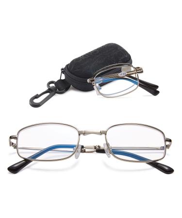 Vevesmundo foldable reading glasses Blue light filter foldable metal rectangular compact anti -flashing light visual aid reading help glasses with case for men women 1er silver anti -blue light reading glasses with shell 2.0 x x x