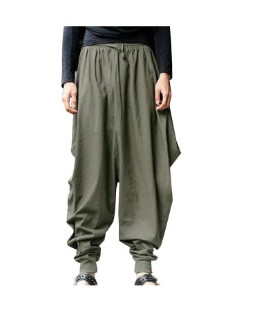 Mens Harem Pants Casual Elastic Waist Yoga Baggy Boho Harem Pants Drop Crotch Trouser with Pockets Army Green X-Large