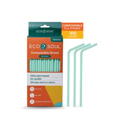 ECO SOUL 100% Compostable Straws 100 Count 8.25" Eco-Friendly Biodegradable Sustainable Disposable Straws Cocktail Cold Drink Smoothie Bendable Straws