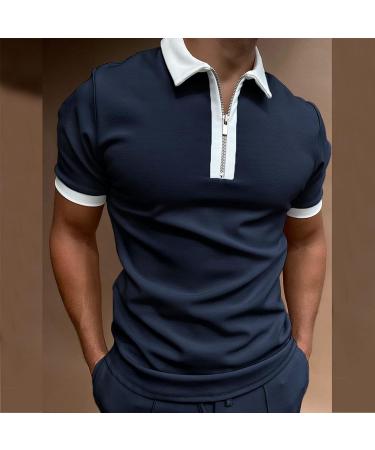 2023 Fashion New Shirt Sleeve Turn Down Blouse Men's Zipper Collar Splice Solid Polos Casual Men's Blouse Button up Dress Shirts for Men Dark Blue M - Buy Online on GoSupps.com