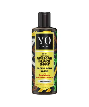 YO SKINCARE Natural Black African Soap with Sea Moss Shea Butter Black Seed & Jojoba Oil All-In-One Black Liquid Soap Moisturizing Face & Body Wash Shampoo and Shaving Soap - Lemongrass 8oz Lemongrass 8 Ounce (Pack...