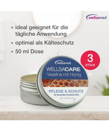 Wellsamed Wellsacare Vaseline Cream 150 ml 3 x 50 ml with honey marigold and St Johns wort for dry skin and lips cares and protects moisturizing cream with vitamin E and propolis honey 50 ml 3er Pack - Buy Online on GoSupps.com