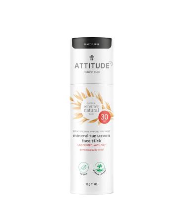 ATTITUDE Face Sunscreen Stick SPF 30 for Sensitive Skin Plastic-Free Waterless Plant and Mineral-Based Ingredients Vegan Sun Care Products Unscented 30 grams