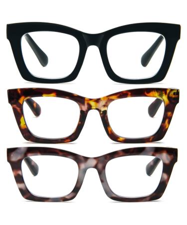 MMOWW 3 pieces of oversized reading glasses for women blue light blocking computer glasses square frame readers supported eyes black + tortoisel + gray-blue tortoise 2.5 x