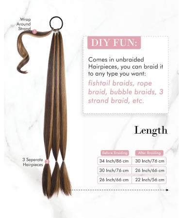 REECHO DIY Braid Ponytail Extension 34 Inch - Chocolate Brown with Blonde Highlights | Long Straight Wrap Around Synthetic Hairpiece for Women | Natural and Soft Hair | 180g - Buy Online on GoSupps.com