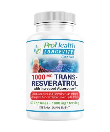 ProHealth 1,000 mg Trans-Resveratrol. 99.5% Pure, 15X Better Absorption from 420mg Polyphenol Complex (Quercetin, Red Wine & Green Tea Extracts, BioPerine) (60 X 500mg Capsules  30 X 1000mg Servings)