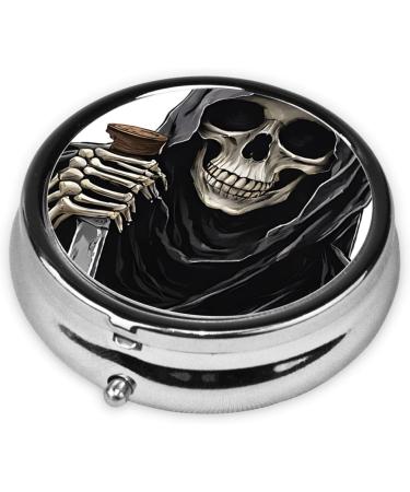 Grim Reaper Round Pill Box - 3 Compartment Decorative Mini Travel Organizer for Vitamins & Medicine - Buy Online on GoSupps.com