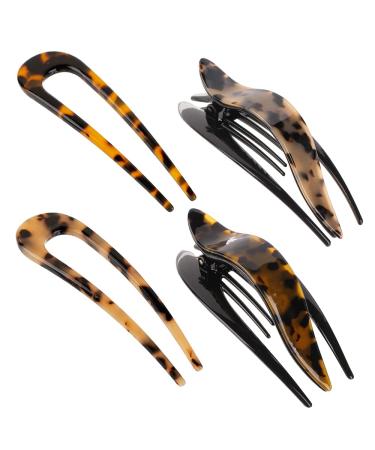 4 PCS French Curved Flat Hair Clip and U Shaped Hair Stick Acetate Concord Hair Claw Classic Cellulose Tortoise Acetate Flat Hair Claw Clips Pin Teeth Clamp Women Vintage Hairstyle Accessories (French Curved Hair Clip)