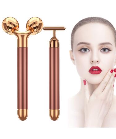 NUOMAN 2 in 1 Electric Face Massager Roller  Rose Golden 3D Roller and T Shape Facial Roller Massager Kit