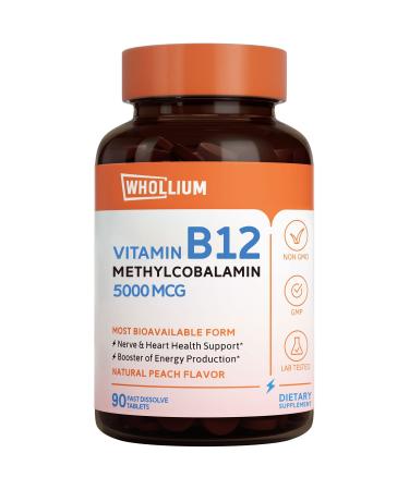 Whollium Vitamin B12 Supplement Methyl B12 5 000 mcg Most Bioactive Energy Production Heart & Brain Health Zero Sugar Natural Peach Flavor Fast Dissolve Once Daily Vegan 90 Tabs