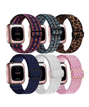 Stretchy Bands Compatible with Fitbit Versa 2 Bands for Women Men, Adjustable Elastic Replacement Wristband for Fitbit Versa 2 / Fitbit Versa/Fitbit Versa Lite/Fitbit Versa SE Red & Green & Leopard & Pink & Dark Blue & White