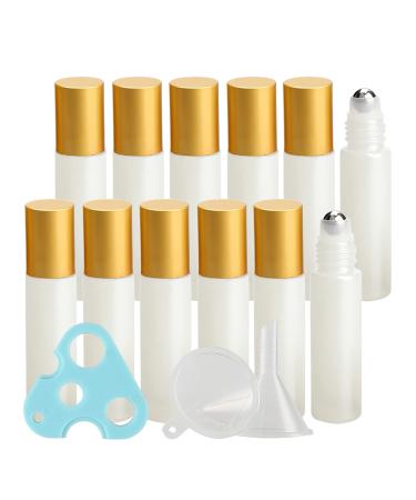 Tianzd 24 pieces empty 10ml white glass roller bottles with gold aluminum screw cap roll-on glass bottles with glass roller for essential oils essential oil with funnel opener